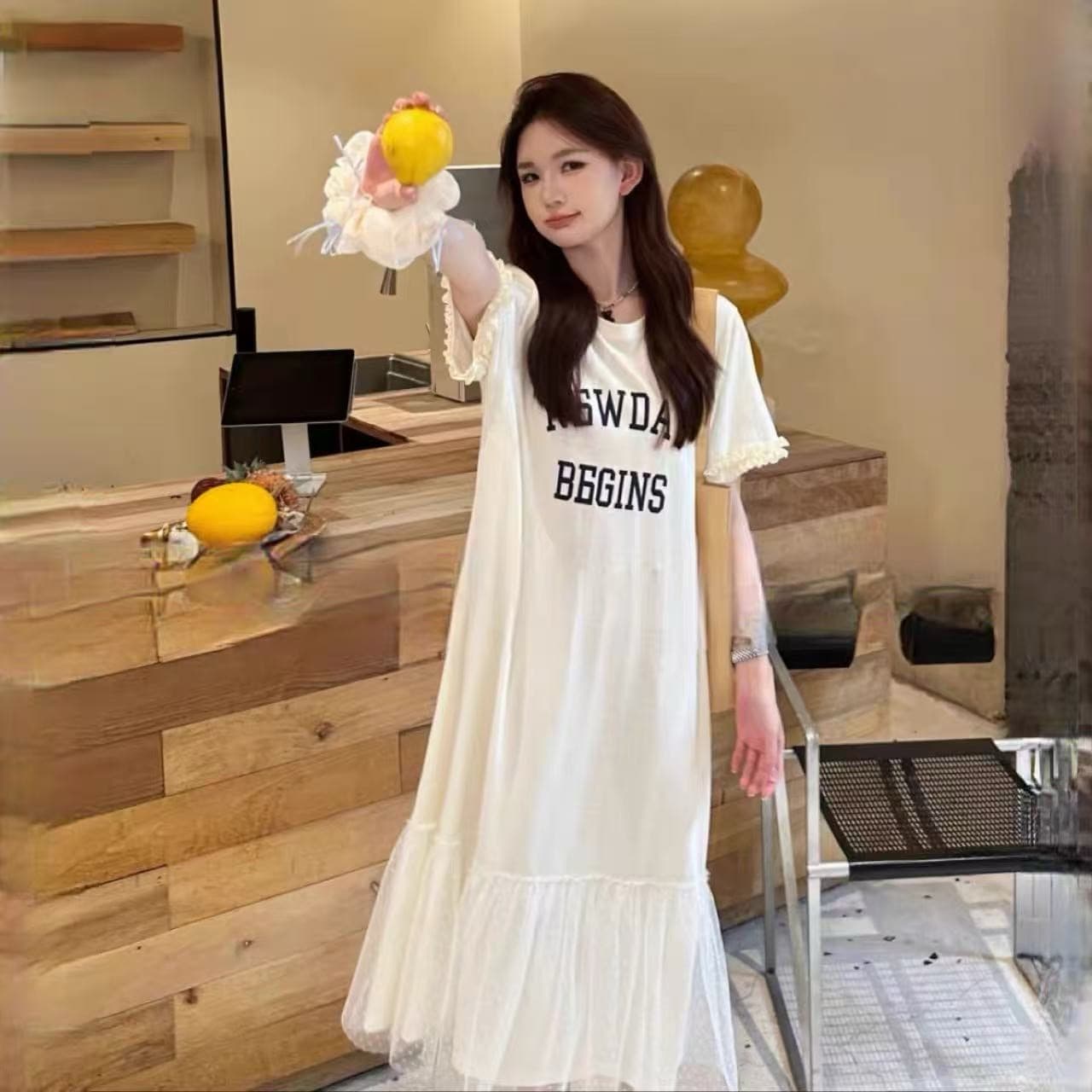 여름 알파벳 패치워크 티셔츠 치마 이미지 4