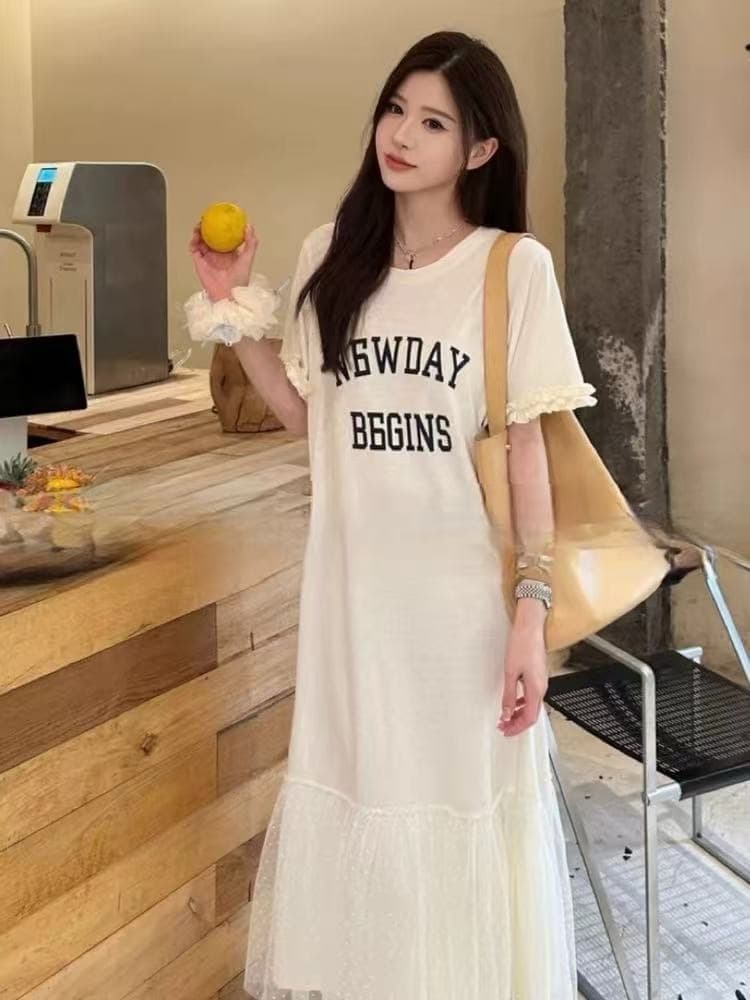 여름 알파벳 패치워크 티셔츠 치마 이미지 2