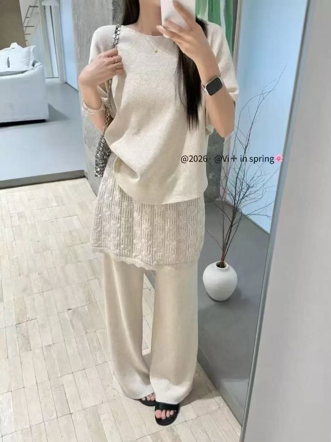 한 부서 라운드 넥 반팔 니트 스웨터 랩스커트팬츠 와이드 레그 팬츠 세트 이미지 2