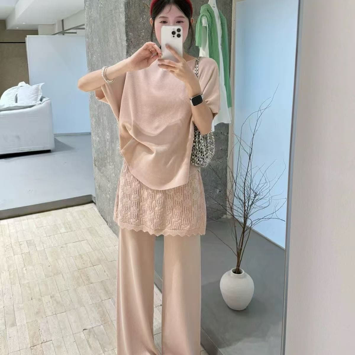 한 부서 라운드 넥 반팔 니트 스웨터 랩스커트팬츠 와이드 레그 팬츠 세트