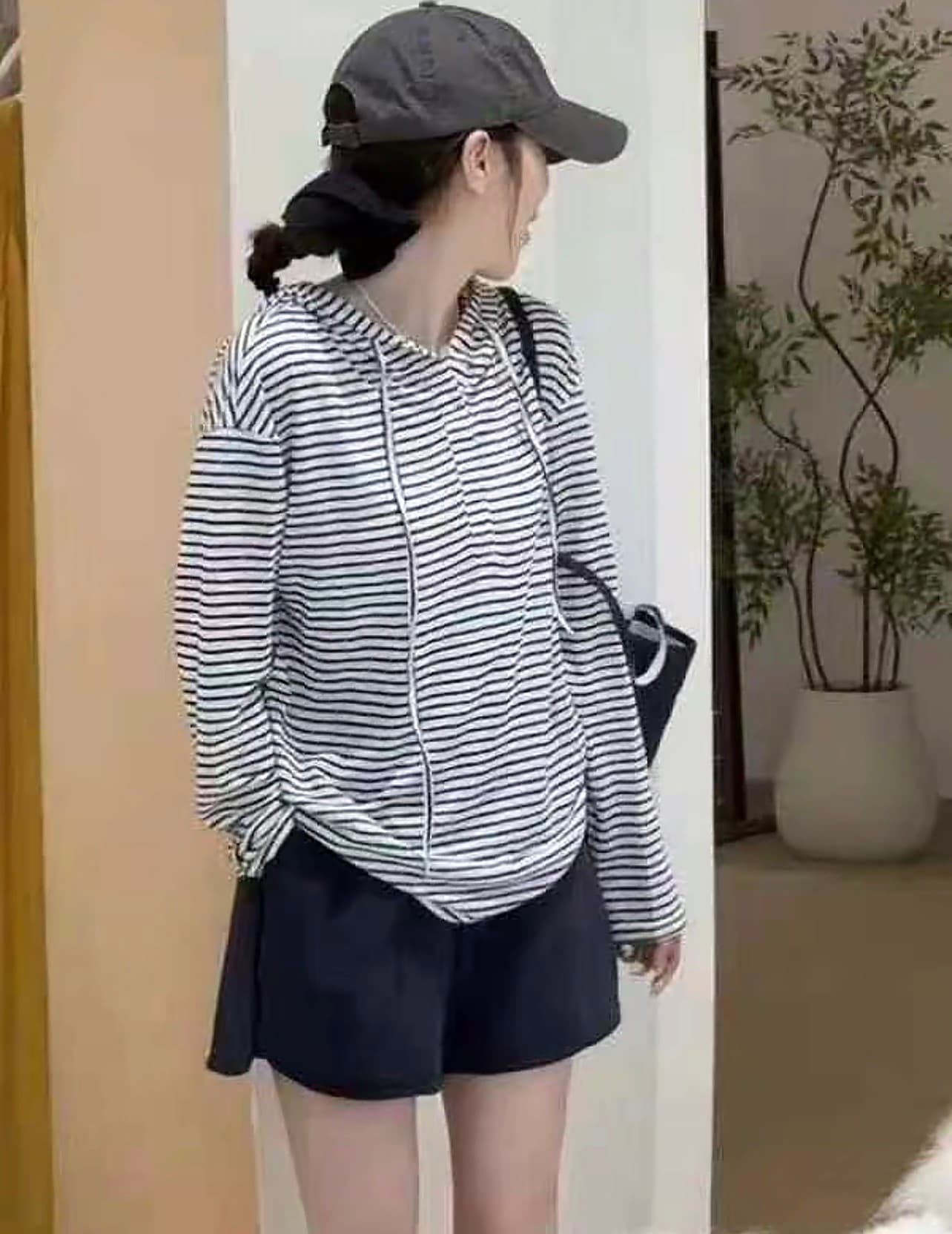새로운 한국 스타일 패션 얇은 스타일 자외선 차단 블라우스 Tulle 후드 맨위 허리밴드 반바지 세트 이미지 2