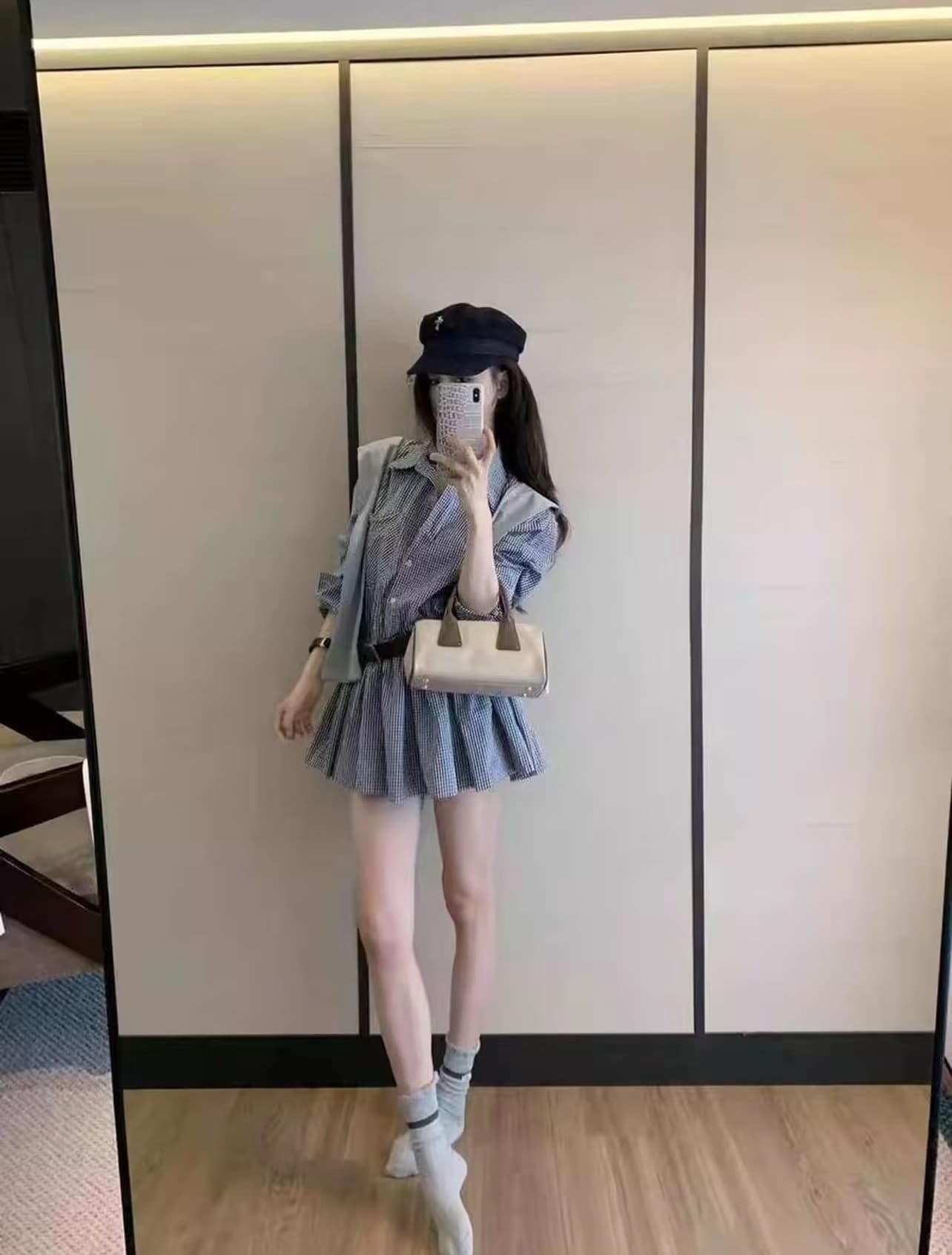 체크무늬 POLO 칼라 셔츠 여성 드레스 이른 가을 다용도 숄 벨트 3종 세트