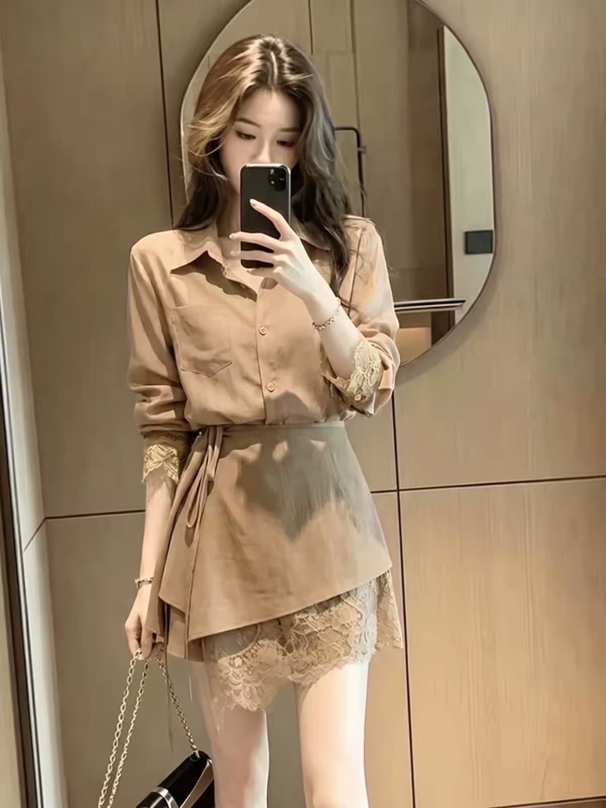 한 부서 폴로 칼라 긴팔 맨위 와이드 레그 팬츠 방귀 커튼 세트 2026 폭발 한 부서 출퇴근 바람 3종 세트 이미지 2