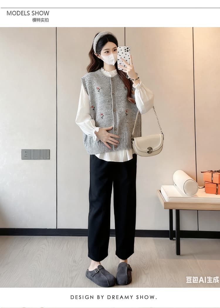 임산부 2025 새로운 가을 달콤함 흰 셔츠 자수 자카드 베스트 하이웨이스트 복부 지지 바지 3종 세트 상세 이미지 11