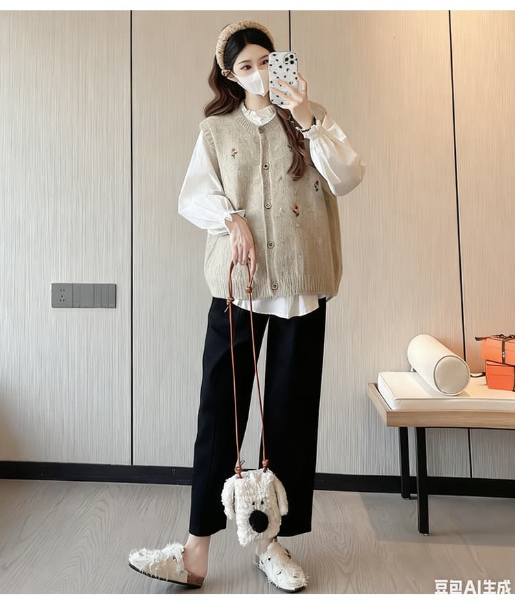 임산부 2025 새로운 가을 달콤함 흰 셔츠 자수 자카드 베스트 하이웨이스트 복부 지지 바지 3종 세트 상세 이미지 13