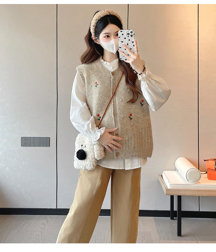 임산부 2025 새로운 가을 달콤함 흰 셔츠 자수 자카드 베스트 하이웨이스트 복부 지지 바지 3종 세트 상세 이미지 32