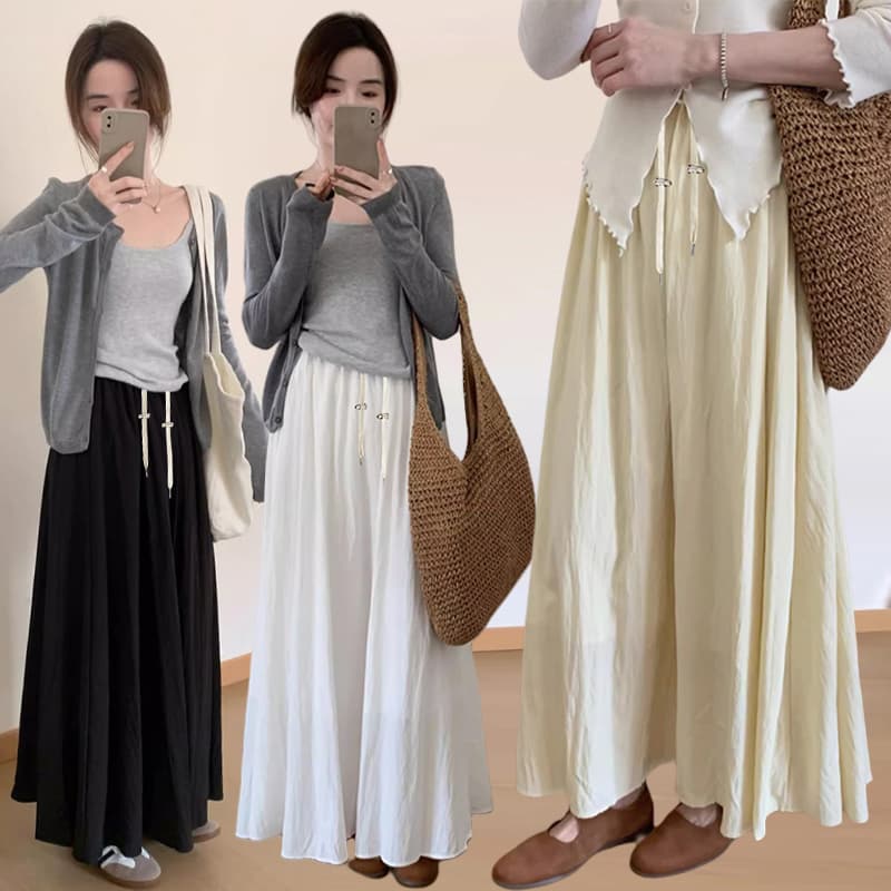 지금 huo+ 검정색 임산부 여름 얼음 차가운 야마모토 주름 한 마디 반신 스커트 하이웨이스트 펌프 로프 밴딩 슬림해 보이는 다용도 이미지 2