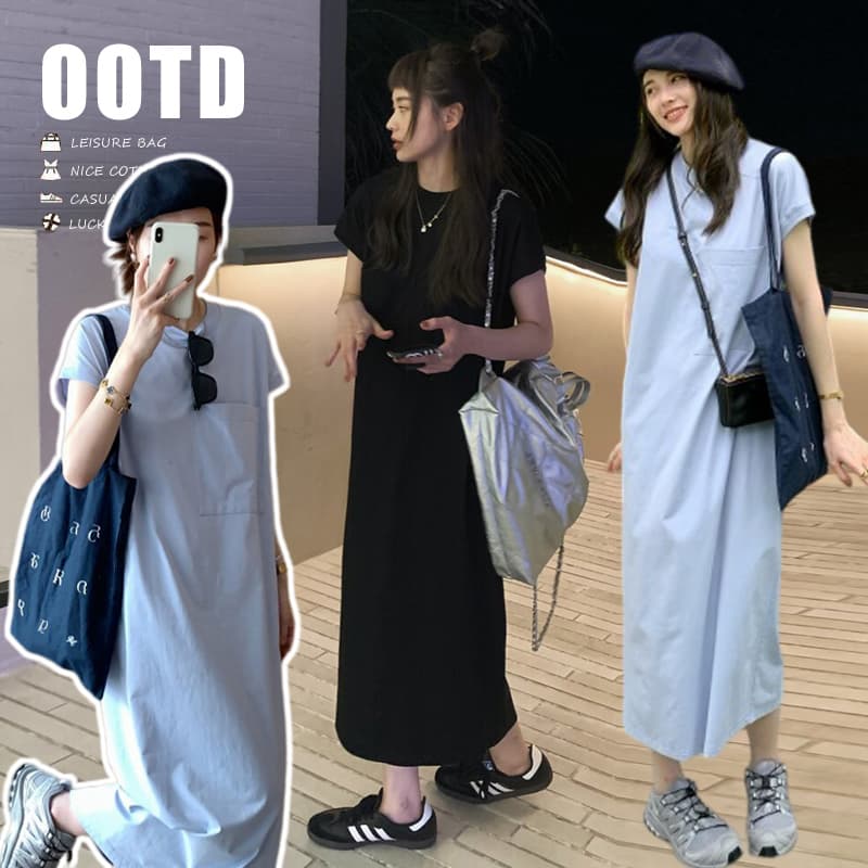 지금 huo 여름 바다 소금 코튼 얼음 빅 포켓 반팔 티셔츠 드레스 여름 오래된 돈 바람 루즈핏 스트레이트 롱 스커트