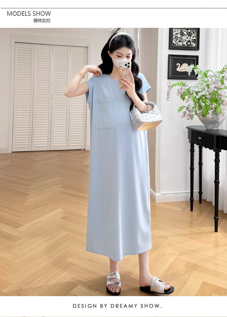 실사 임산부 2026 여름 새로운 얇은 스타일 떨어지지 않음 색상 빅 포켓 반팔 티셔츠 드레스 느긋한 루즈핏 상세 이미지 13