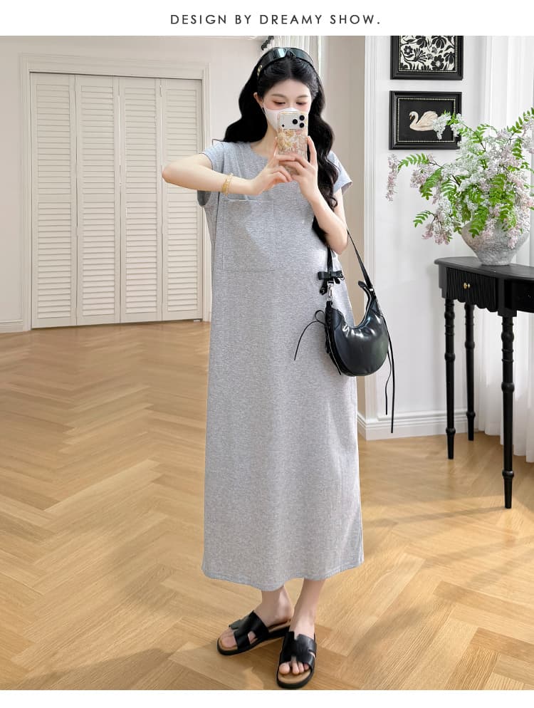 실사 임산부 2026 여름 새로운 얇은 스타일 떨어지지 않음 색상 빅 포켓 반팔 티셔츠 드레스 느긋한 루즈핏 상세 이미지 25