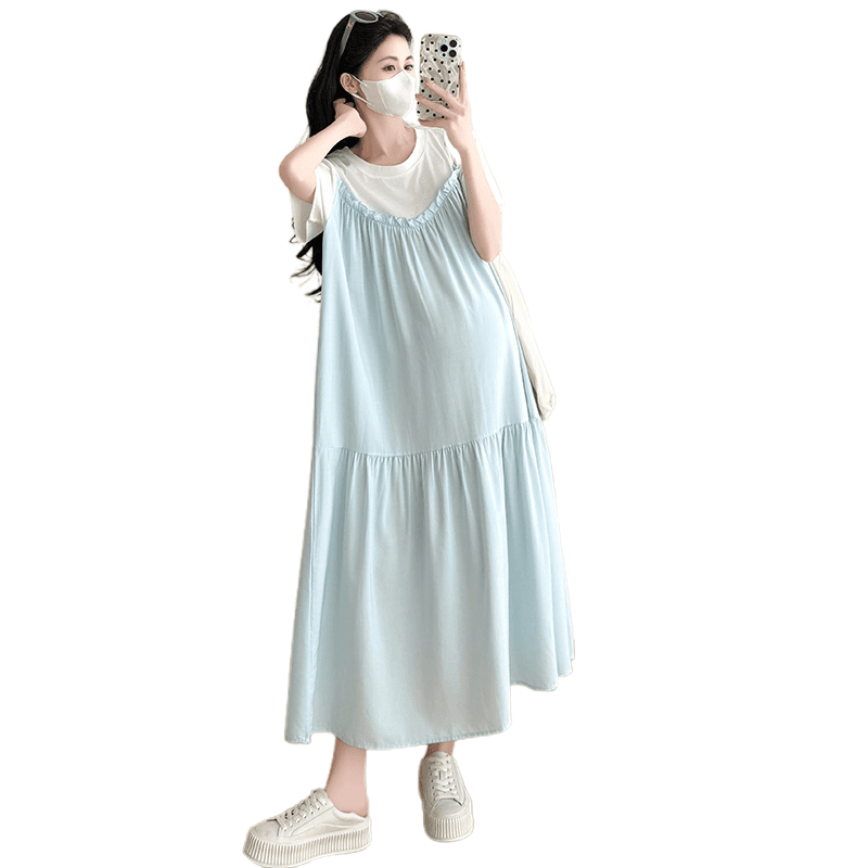 실사 임산부 드레스 2026 여름 한국 스타일 루즈핏 느긋한 바람 슬림해 보이는 패치워크 페이크 레이어드 드레스 빅 사이즈 이미지 6