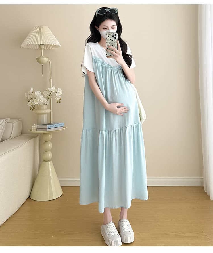 실사 임산부 드레스 2026 여름 한국 스타일 루즈핏 느긋한 바람 슬림해 보이는 패치워크 페이크 레이어드 드레스 빅 사이즈 상세 이미지 11