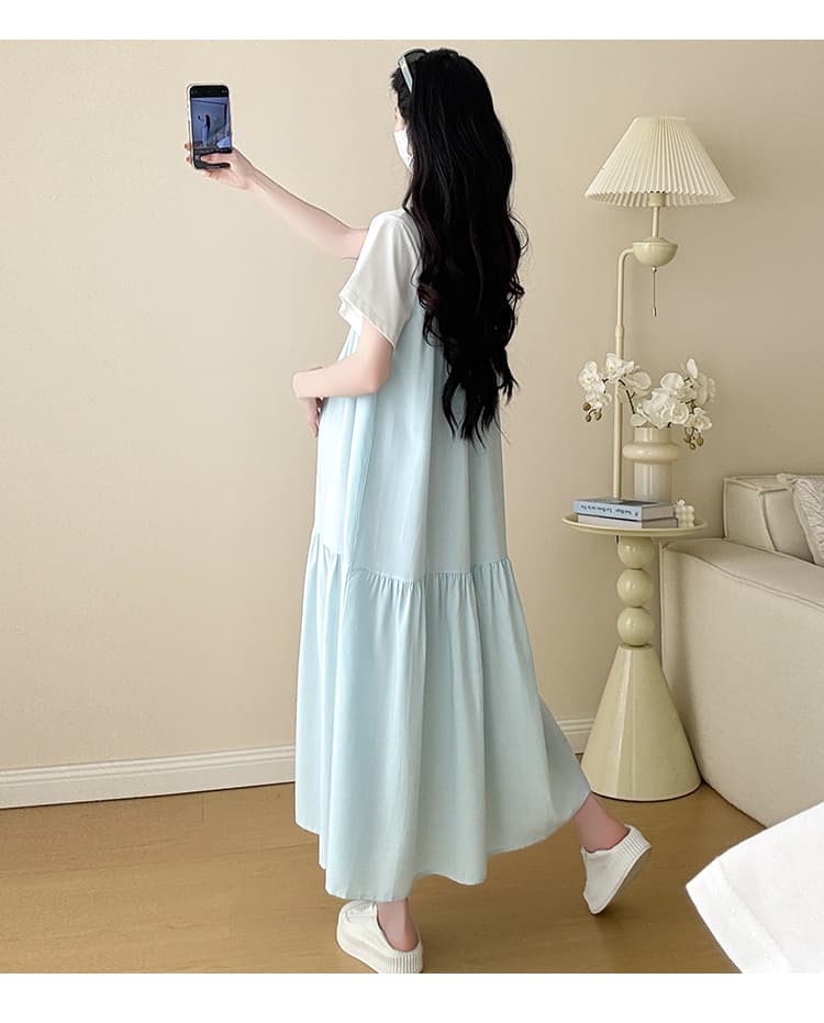 실사 임산부 드레스 2026 여름 한국 스타일 루즈핏 느긋한 바람 슬림해 보이는 패치워크 페이크 레이어드 드레스 빅 사이즈 상세 이미지 17