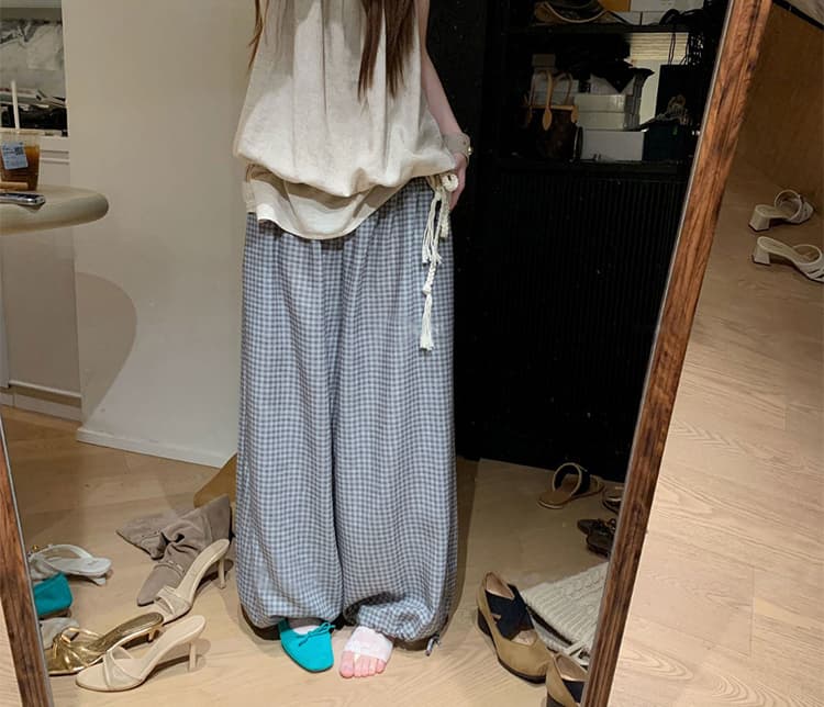 임산부 여름 루즈핏 느긋한 바람 참나무 늑골 명중 가져 가라. 회색 체크무늬 바지 고급 센스 착용 가져 가라. 외출용 다용도 외국 가스 상세 이미지 39