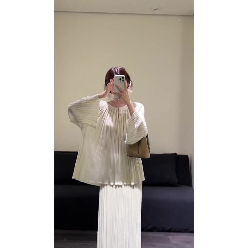 실사 빅 사이즈 여성 의류 2026 봄 여름 새로운 고급 센스 빛 사람들 부서 착용 가져 가라. 나팔 소매 반신 치마 세트 상세 이미지 2