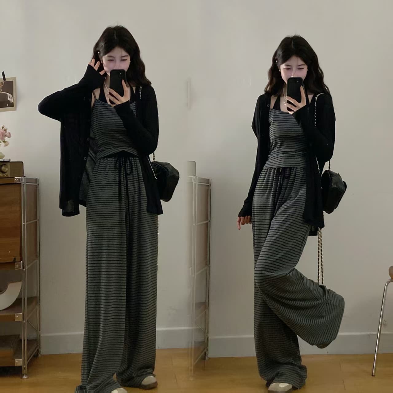 실사 빅 사이즈 여성 의류 마이크로 지방 mm 한 부서 슬림해 보이는 착용 가져 가라. 검정색 재킷 느긋한 블랙 회색 스트라이프 캐주얼 세트