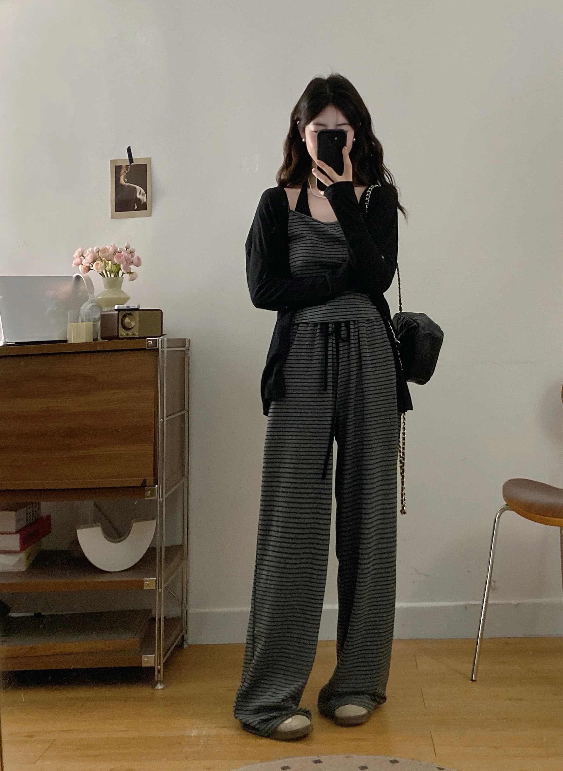 실사 빅 사이즈 여성 의류 마이크로 지방 mm 한 부서 슬림해 보이는 착용 가져 가라. 검정색 재킷 느긋한 블랙 회색 스트라이프 캐주얼 세트 상세 이미지 6