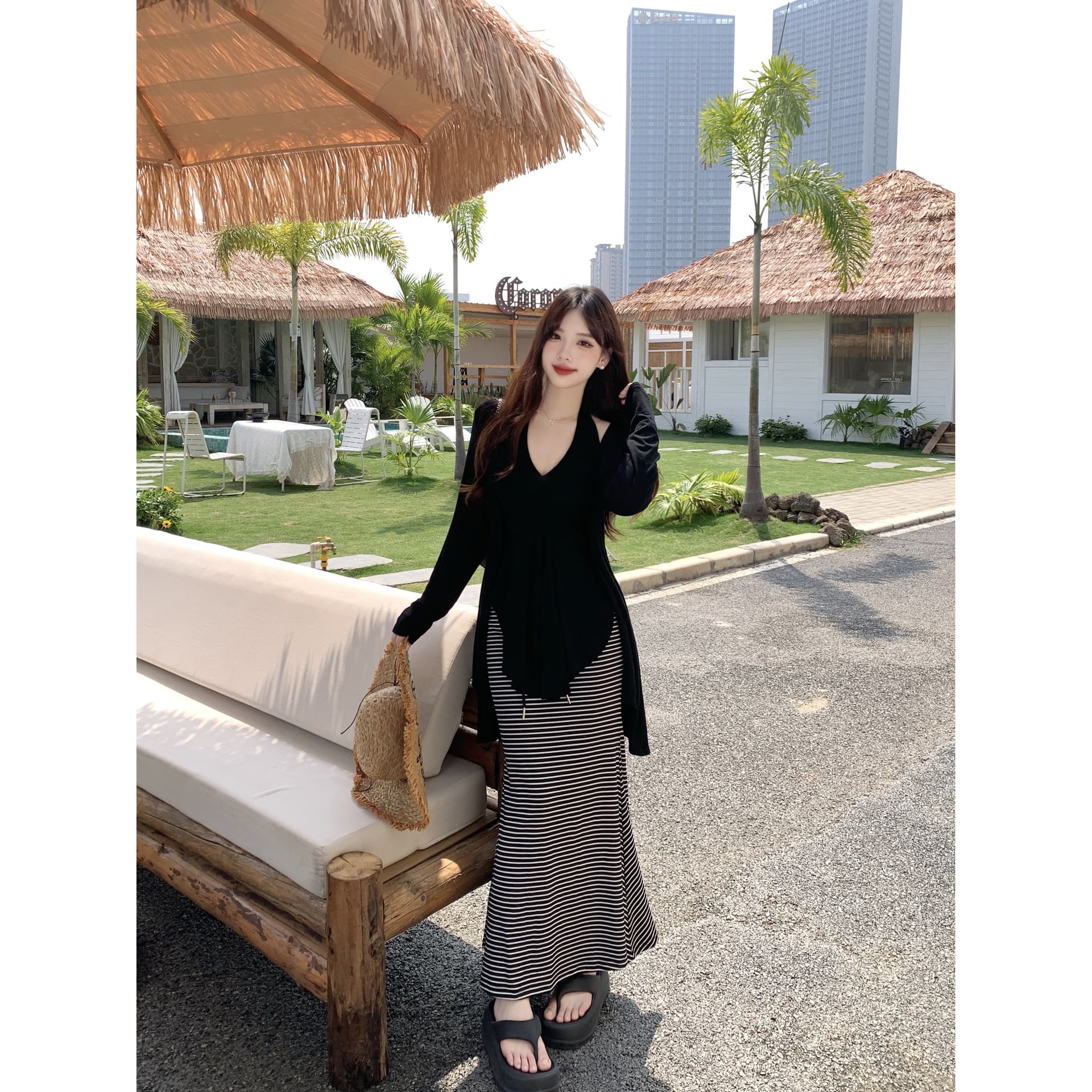 실사 빅 사이즈 지방 mm 순수한 욕망 행침 목 슬립 오픈 가디건 맨위 하이웨이스트 타이트 스커트 인어 꼬리 반 스커트 3종 세트 트렌디 이미지 5