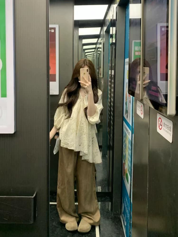 빅 사이즈 지방 mm 프랑스식 Chic 홀로우 아웃 자수 V넥 여성 셔츠 여름 하이웨이스트 루즈핏 캐주얼 바지 투피스 슈트 상세 이미지 1