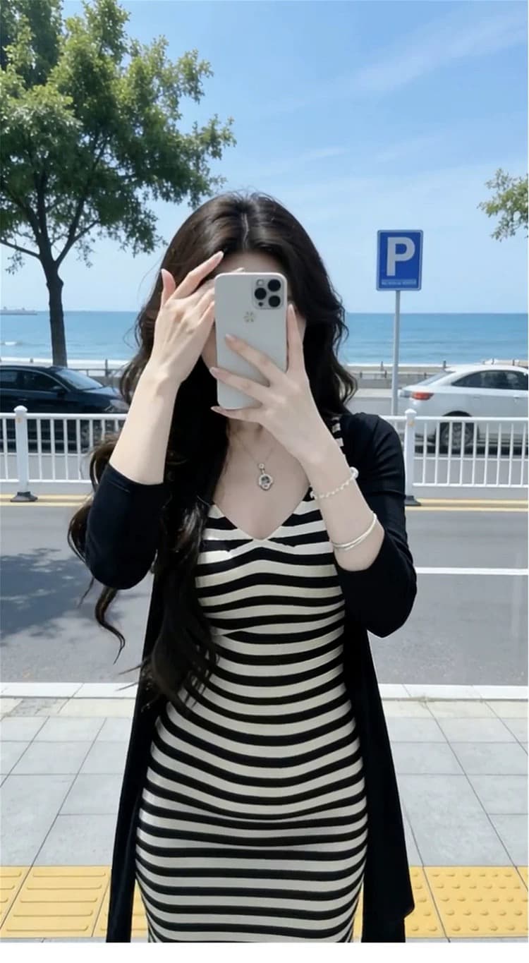 빅 사이즈 지방 mm 프랑스식 레트로 스트라이프 슬립 여성 드레스 여름 새로운 허리 수축 슬림해 보이는 연령 감소 한 마디 롱 스커트 이미지 3