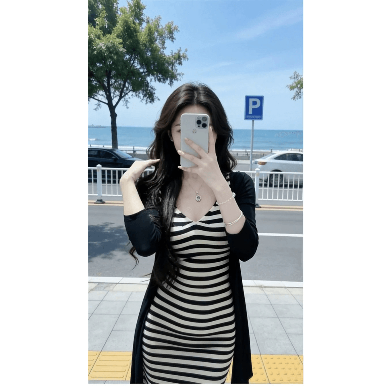 빅 사이즈 지방 mm 프랑스식 레트로 스트라이프 슬립 여성 드레스 여름 새로운 허리 수축 슬림해 보이는 연령 감소 한 마디 롱 스커트 이미지 5