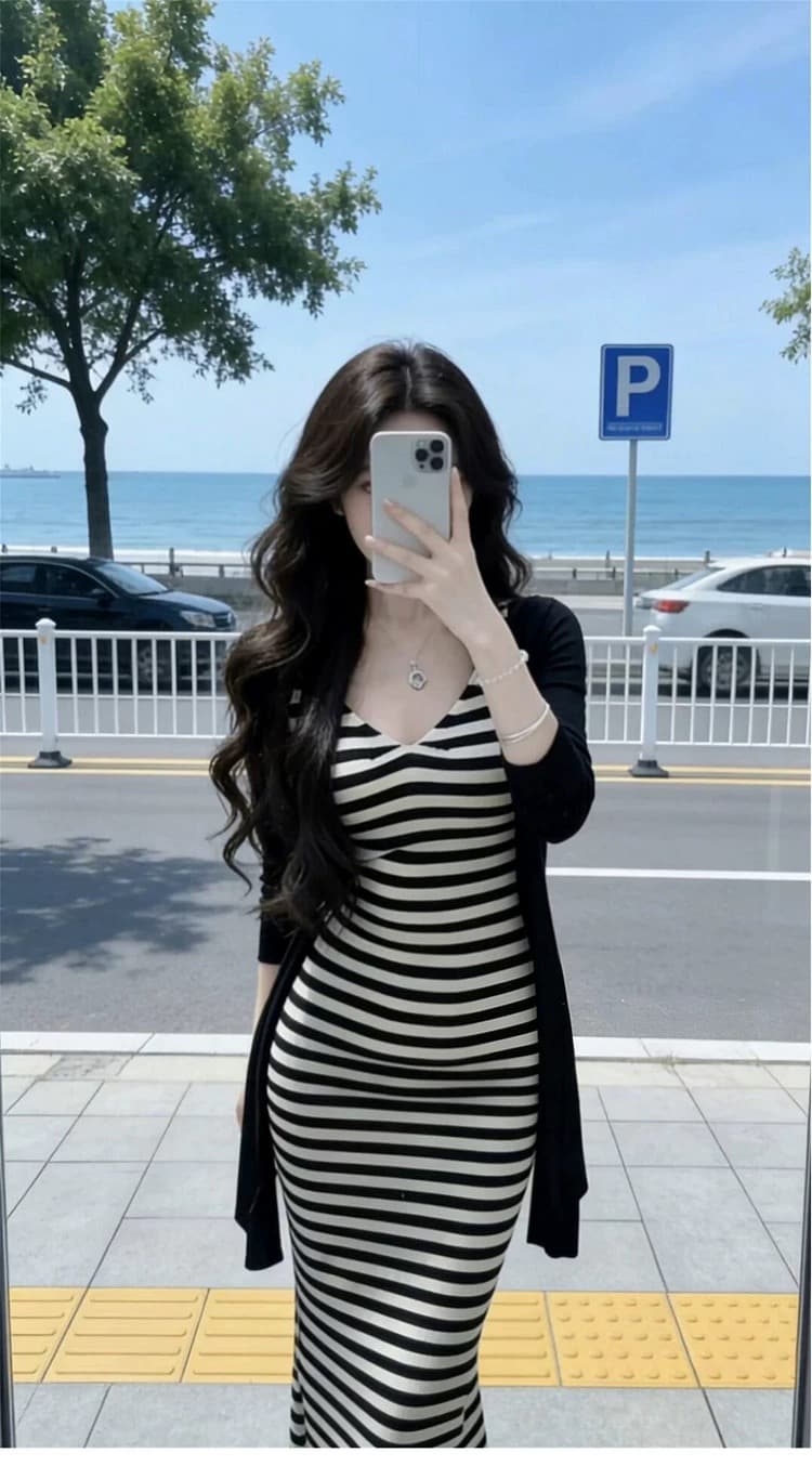 빅 사이즈 지방 mm 프랑스식 레트로 스트라이프 슬립 여성 드레스 여름 새로운 허리 수축 슬림해 보이는 연령 감소 한 마디 롱 스커트 상세 이미지 2