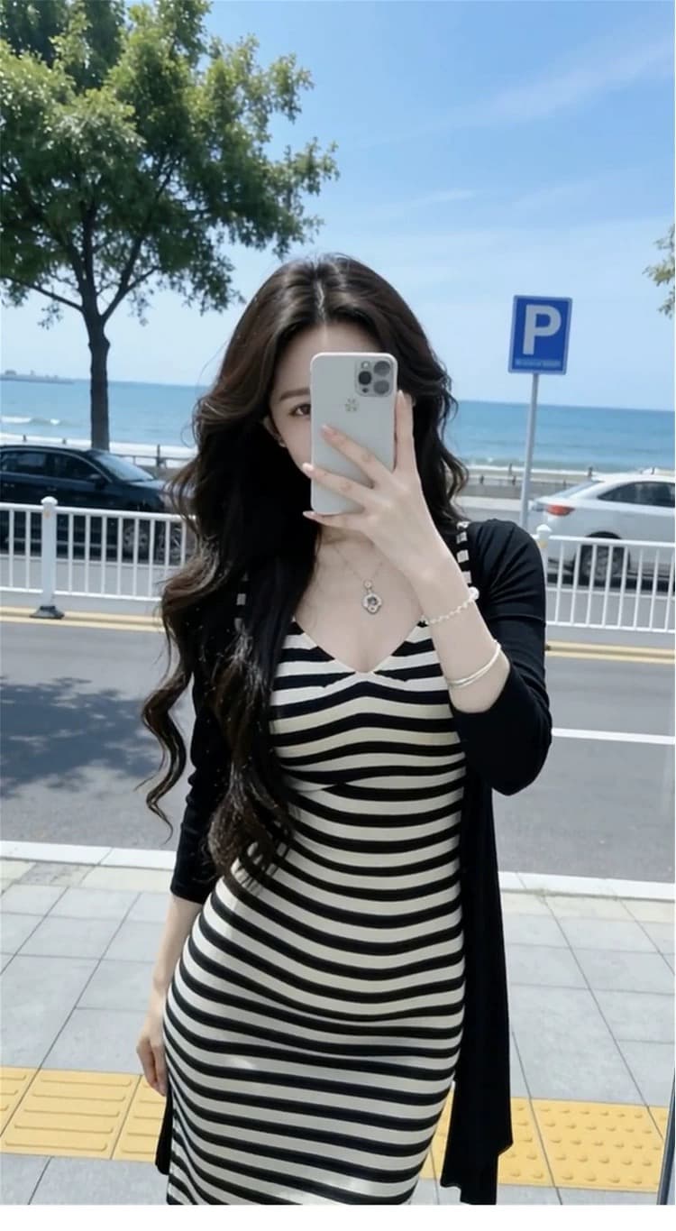 빅 사이즈 지방 mm 프랑스식 레트로 스트라이프 슬립 여성 드레스 여름 새로운 허리 수축 슬림해 보이는 연령 감소 한 마디 롱 스커트 상세 이미지 4