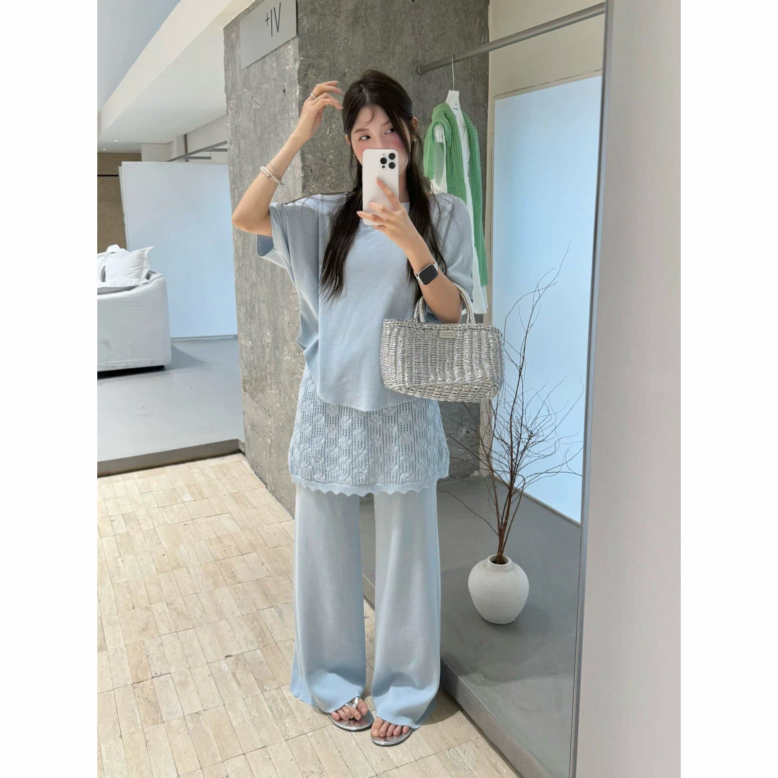 실사 빅 사이즈 여성 의류 패션 다용도 프랑스식 니트 스웨터 와이드 레그 팬츠 두 조각 여성 세트 여름 슬림해 보이는 캐주얼 세트 상세 이미지 5