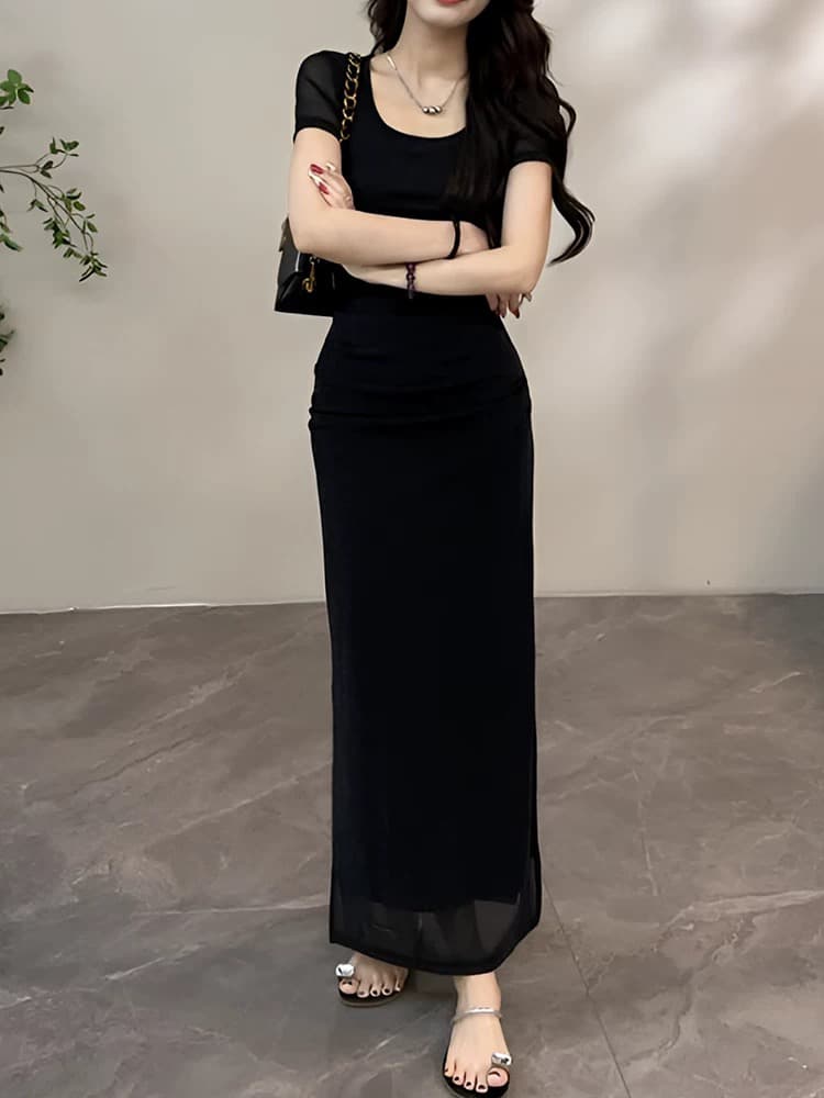 지금 지금 빅 사이즈 여성 의류 순수한 욕망 바람 섹시함 망사 광장 칼라 반팔 드레스 2026 새로운 여름 몸매 가꾸기 세트 상세 이미지 4