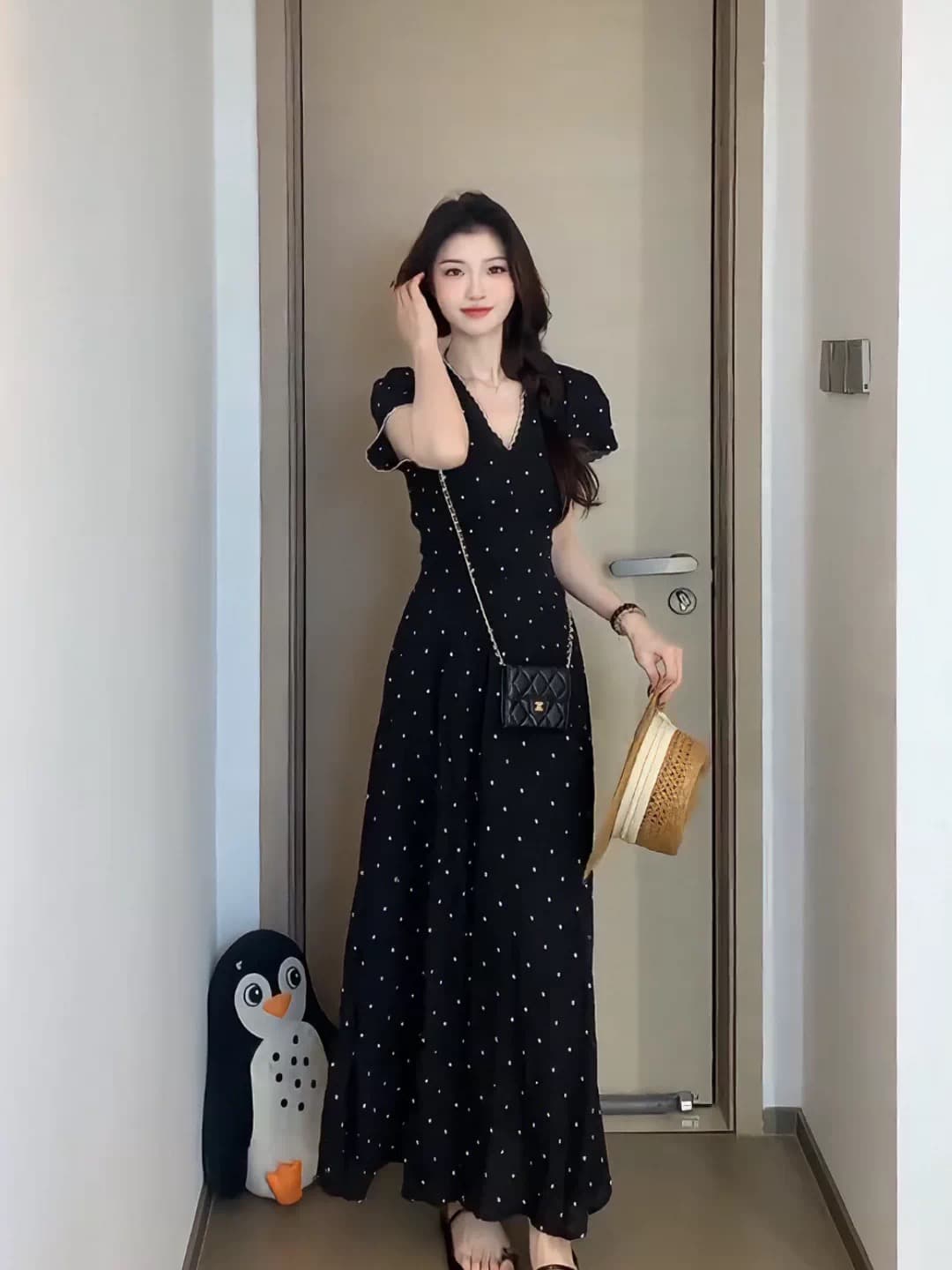 빅 사이즈 지방 mm 프랑스식 그는 벤 바람 패션 검정색 V넥 여성 드레스 여름 허리 수축 슬림해 보이는 품격 길다 치마 이미지 2