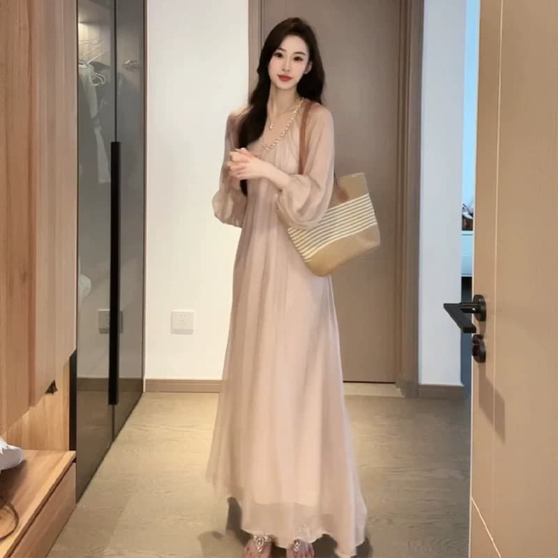 빅 사이즈 여성 의류 프랑스식 품격 슈퍼 요정 V넥 슬림해 보이는 드레스 여성 의류 2026 여름 새로운 상세 이미지 1