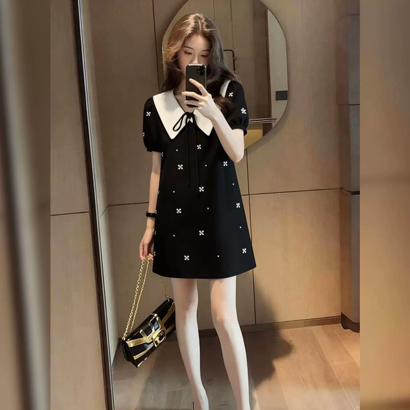 빅 사이즈 여성 의류 천 금빛 바람 폴로 칼라 무거운 작업 비즈 박기 드레스 루즈핏 연령 감소 검정색 2026 여름 새로운 치마 상세 이미지 3