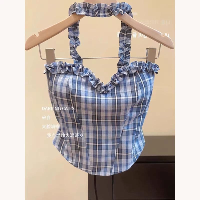 달콤한 핫걸 파란색 체크무늬 튜브탑 조끼 슬립 여성 여름 외출용 순수한 욕망 섹시함 쇼트 스타일 슬림해 보이는 행침 목 맨위 이미지 3