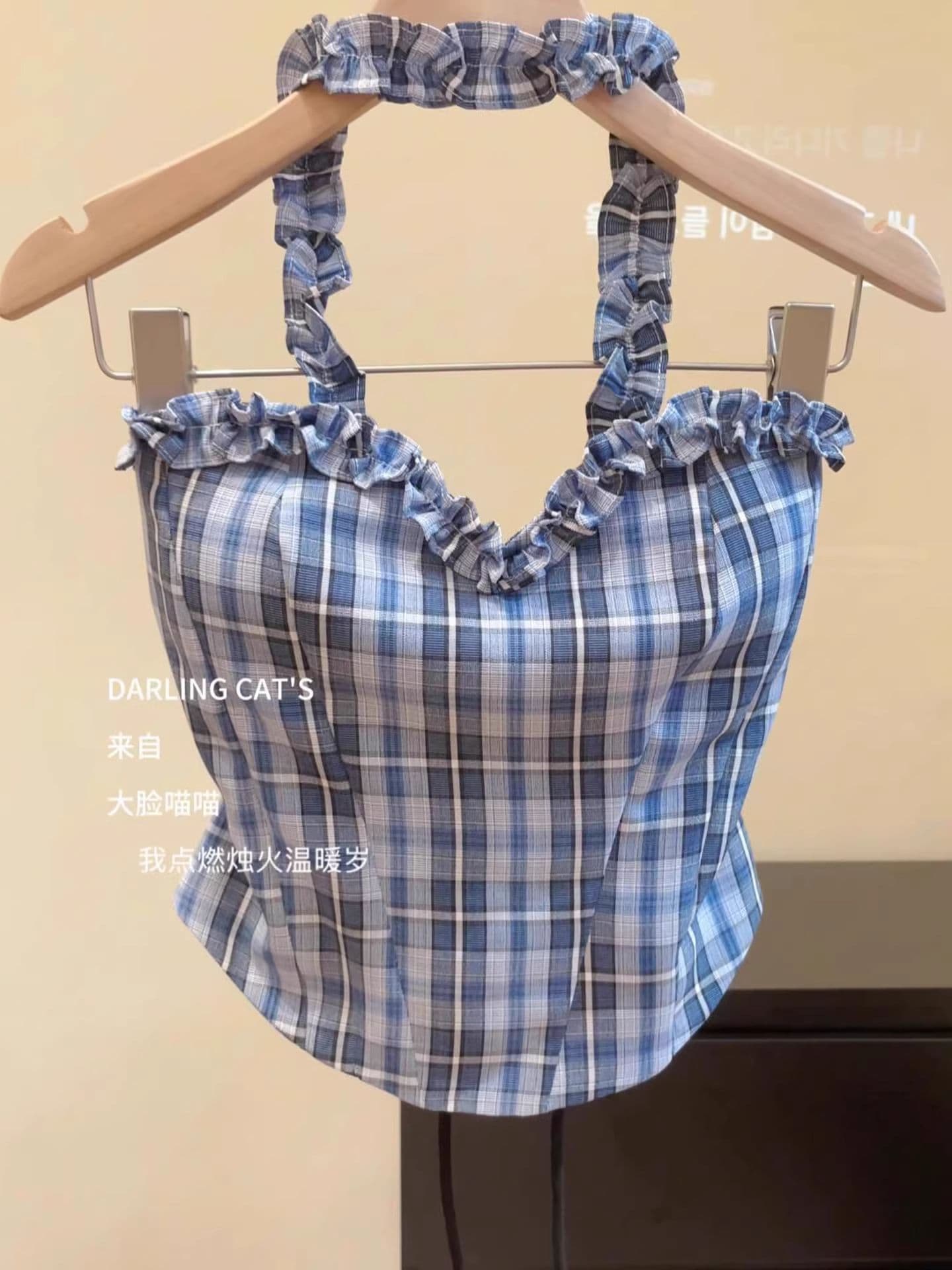 달콤한 핫걸 파란색 체크무늬 튜브탑 조끼 슬립 여성 여름 외출용 순수한 욕망 섹시함 쇼트 스타일 슬림해 보이는 행침 목 맨위 상세 이미지 2