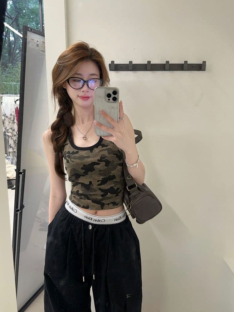모달 사람들 면 260 그램 아메리칸 핫걸 쇼트 스타일 카모플라주 캐미솔 여름 상세 이미지 4