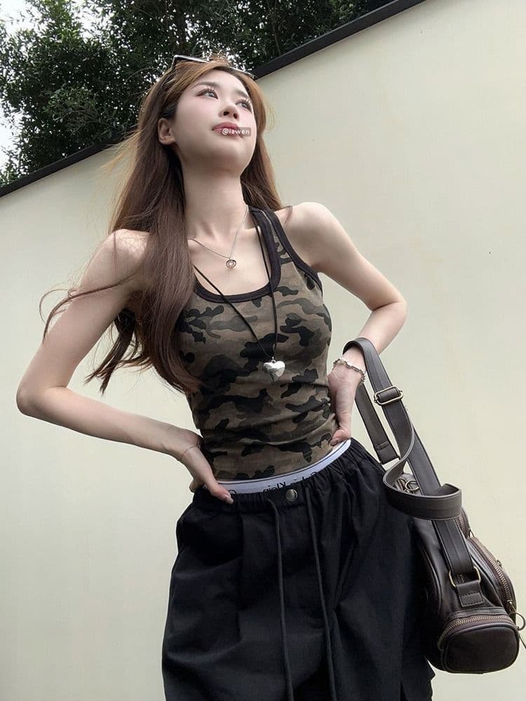 모달 사람들 면 260 그램 아메리칸 핫걸 쇼트 스타일 카모플라주 캐미솔 여름 상세 이미지 6