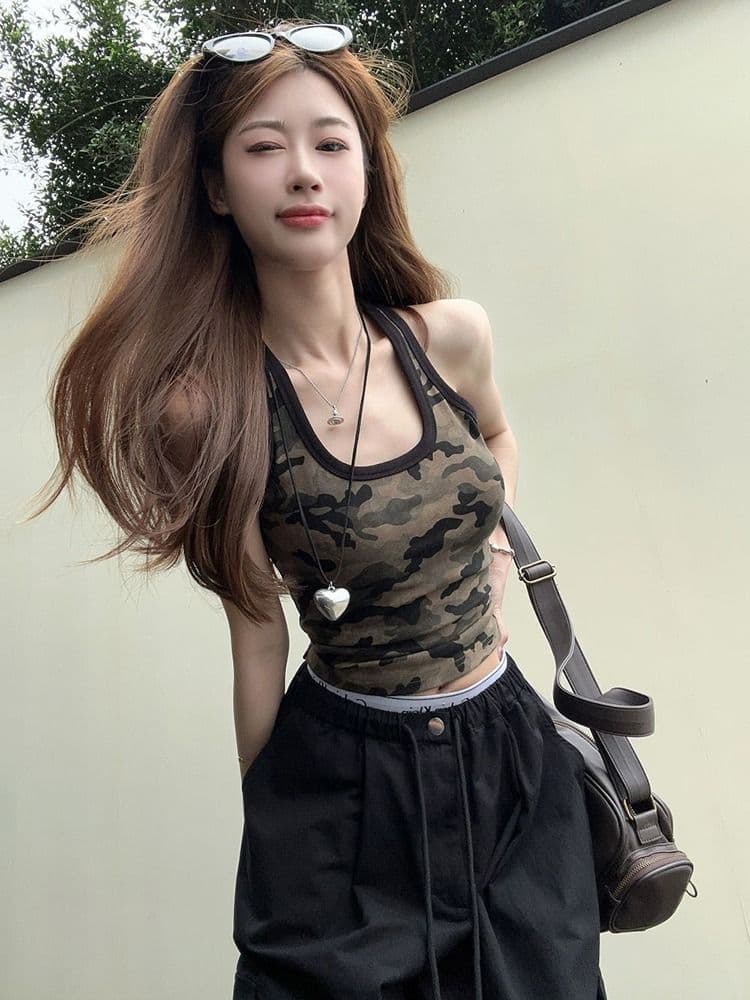 모달 사람들 면 260 그램 아메리칸 핫걸 쇼트 스타일 카모플라주 캐미솔 여름 상세 이미지 7