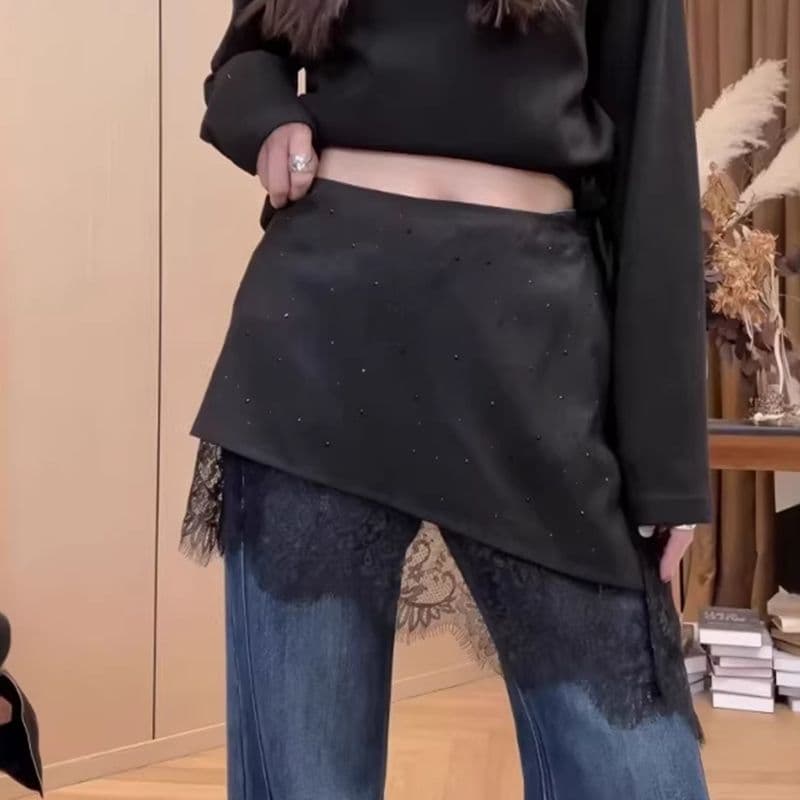 빅 사이즈 불규칙 레이스 조각 핫픽스 랩스커트팬츠 여성 이른 봄 새로운 지방 mm 슬림해 보이는 페이크 레이어드 한 마디 짧은 치마 이미지 5