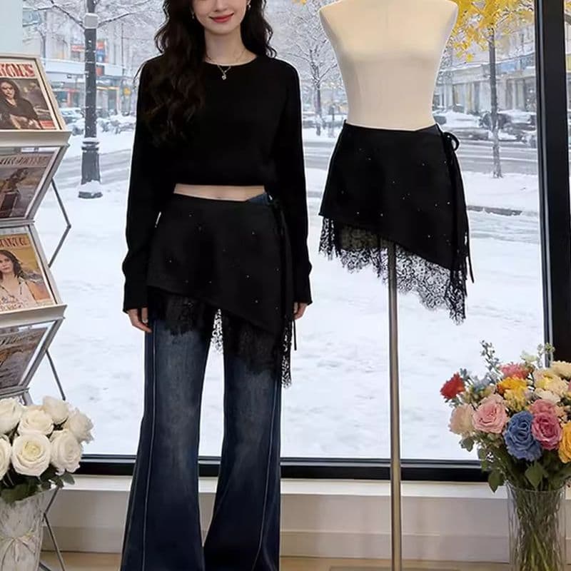 빅 사이즈 불규칙 레이스 조각 핫픽스 랩스커트팬츠 여성 이른 봄 새로운 지방 mm 슬림해 보이는 페이크 레이어드 한 마디 짧은 치마 이미지 2