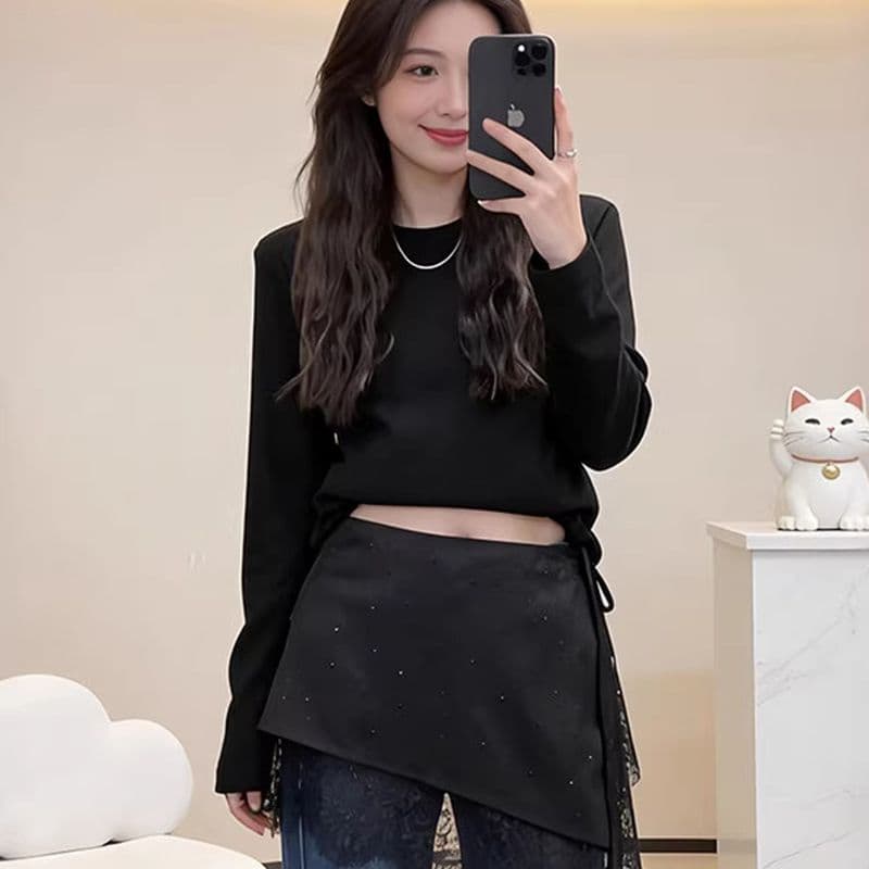 빅 사이즈 불규칙 레이스 조각 핫픽스 랩스커트팬츠 여성 이른 봄 새로운 지방 mm 슬림해 보이는 페이크 레이어드 한 마디 짧은 치마 이미지 3