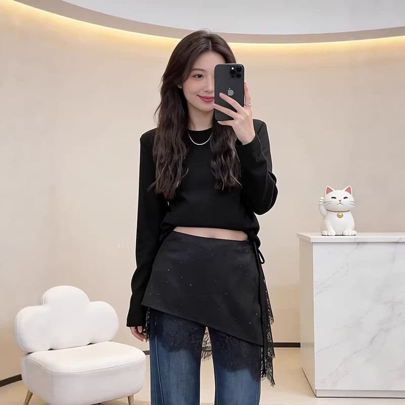 빅 사이즈 불규칙 레이스 조각 핫픽스 랩스커트팬츠 여성 이른 봄 새로운 지방 mm 슬림해 보이는 페이크 레이어드 한 마디 짧은 치마 상세 이미지 3