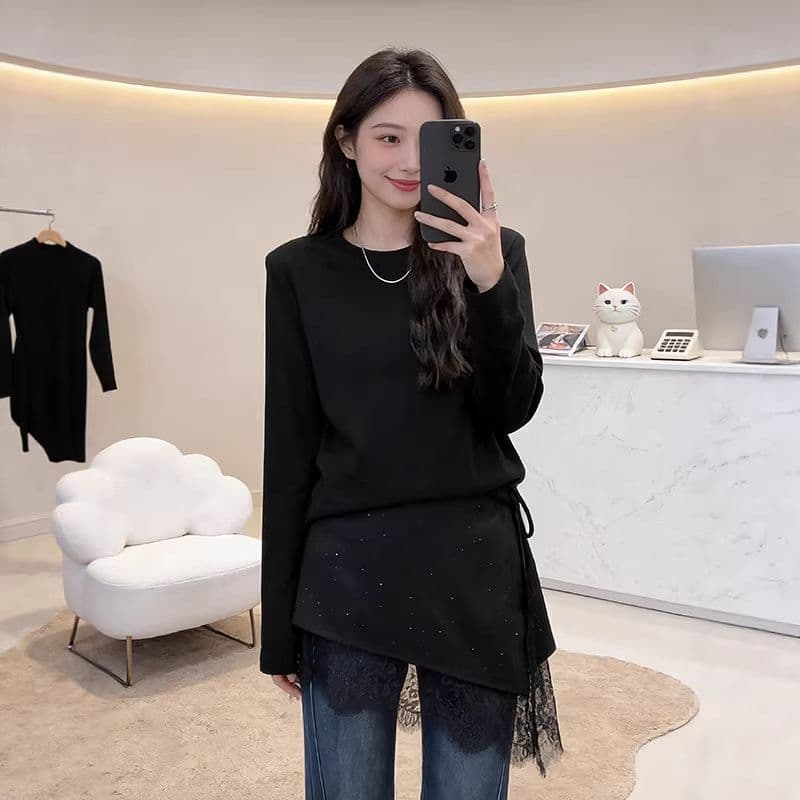 빅 사이즈 불규칙 레이스 조각 핫픽스 랩스커트팬츠 여성 이른 봄 새로운 지방 mm 슬림해 보이는 페이크 레이어드 한 마디 짧은 치마 상세 이미지 4