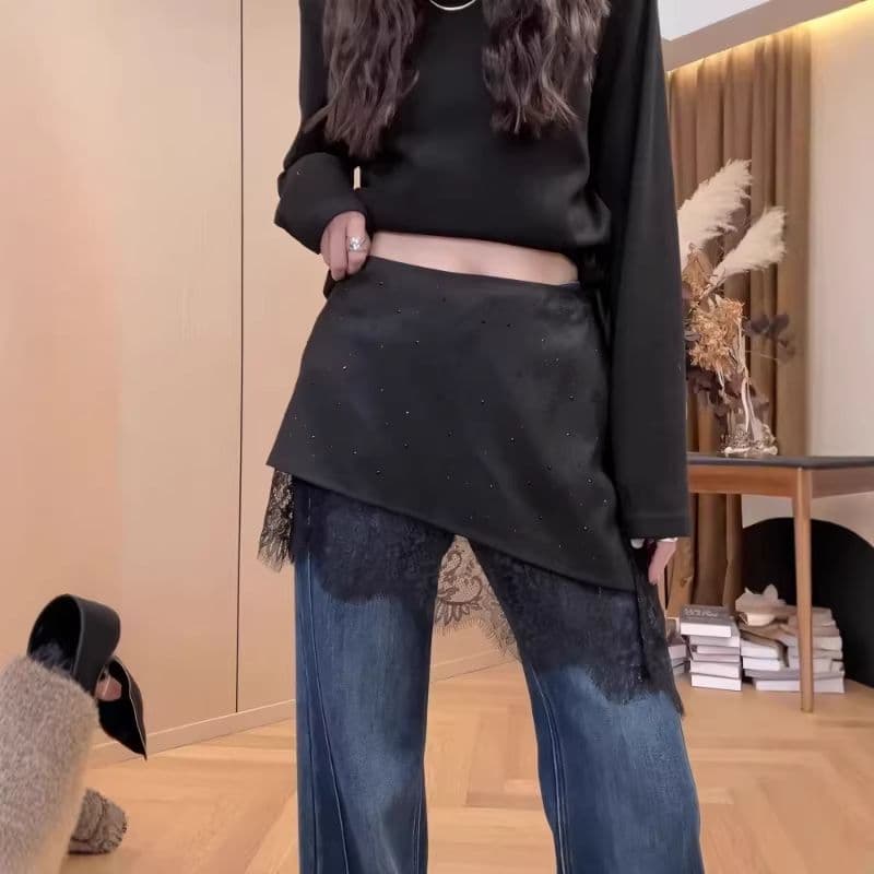 빅 사이즈 불규칙 레이스 조각 핫픽스 랩스커트팬츠 여성 이른 봄 새로운 지방 mm 슬림해 보이는 페이크 레이어드 한 마디 짧은 치마 상세 이미지 5