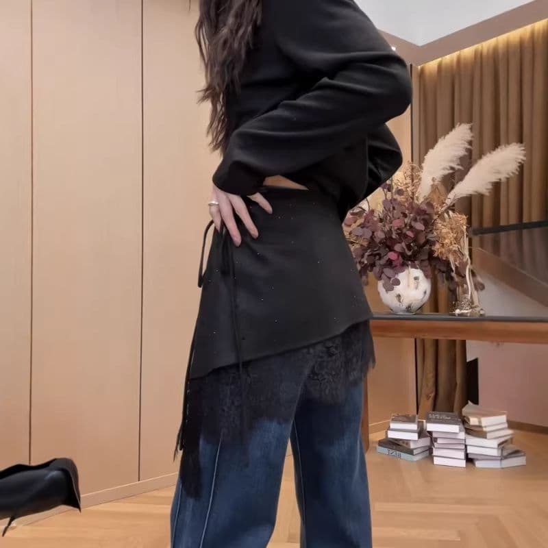 빅 사이즈 불규칙 레이스 조각 핫픽스 랩스커트팬츠 여성 이른 봄 새로운 지방 mm 슬림해 보이는 페이크 레이어드 한 마디 짧은 치마 상세 이미지 7