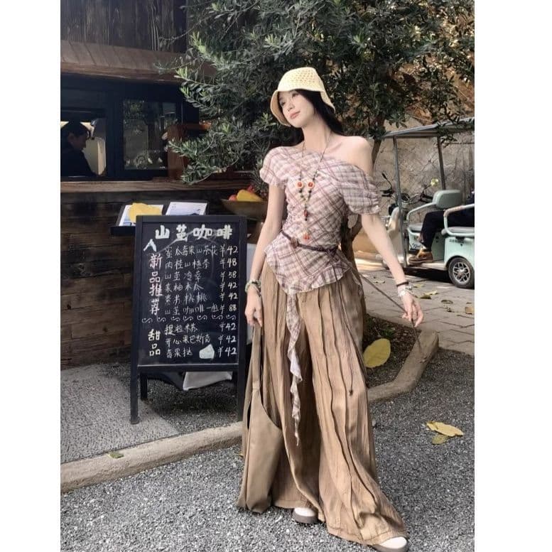 40d 메시 원단 있음 벨트 불규칙 리본 체크무늬 망사 반팔 여성 여름 슬림해 보이는 오프숄더 레트로 맨위 이미지 4