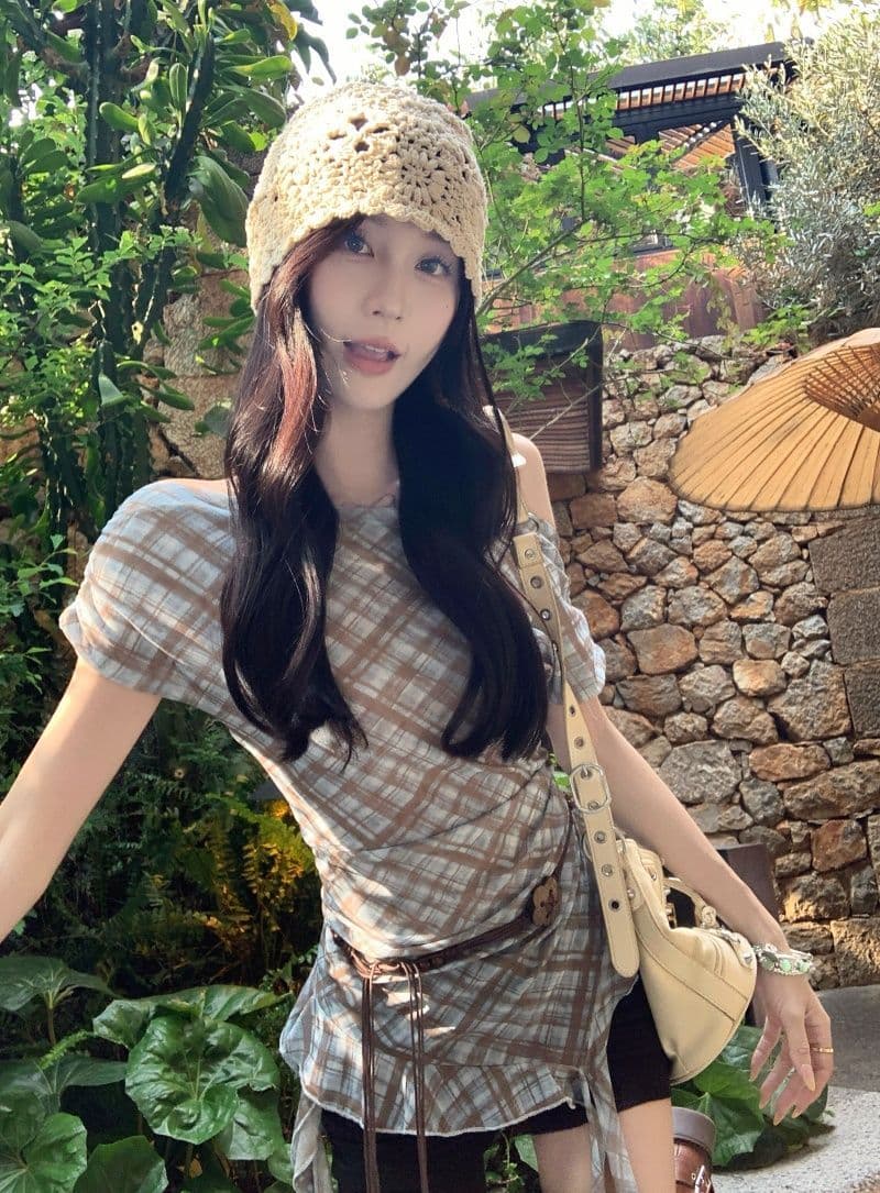 40d 메시 원단 있음 벨트 불규칙 리본 체크무늬 망사 반팔 여성 여름 슬림해 보이는 오프숄더 레트로 맨위 상세 이미지 2