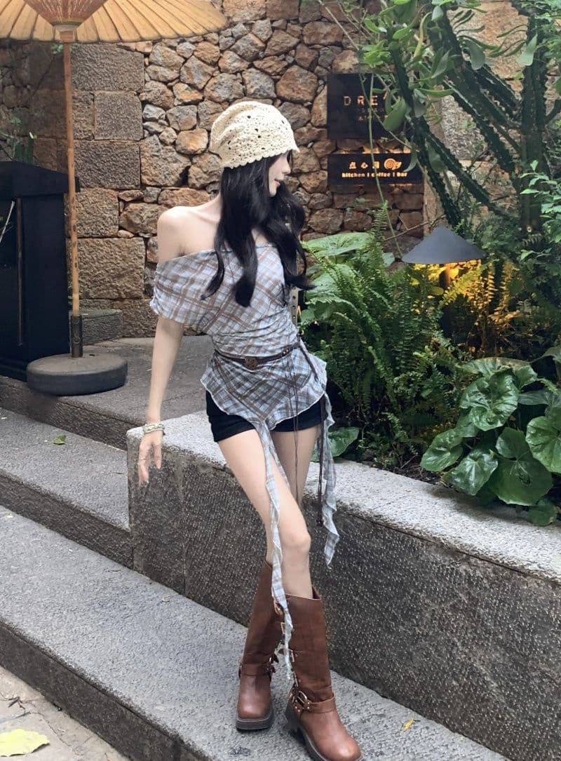 40d 메시 원단 있음 벨트 불규칙 리본 체크무늬 망사 반팔 여성 여름 슬림해 보이는 오프숄더 레트로 맨위 상세 이미지 7
