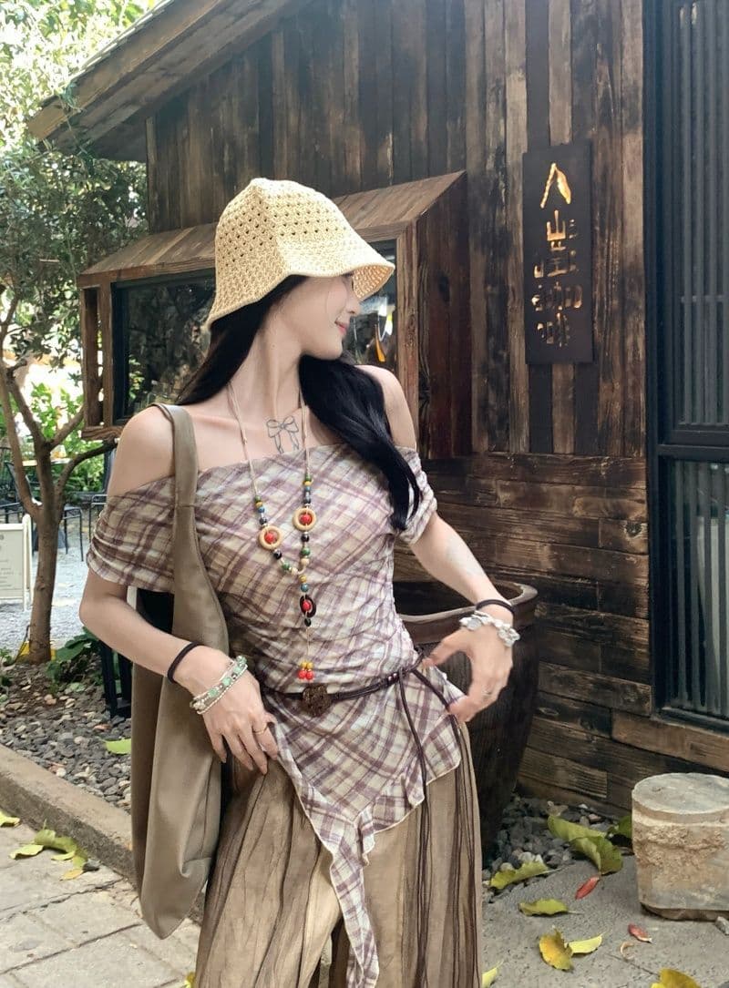 40d 메시 원단 있음 벨트 불규칙 리본 체크무늬 망사 반팔 여성 여름 슬림해 보이는 오프숄더 레트로 맨위 상세 이미지 14