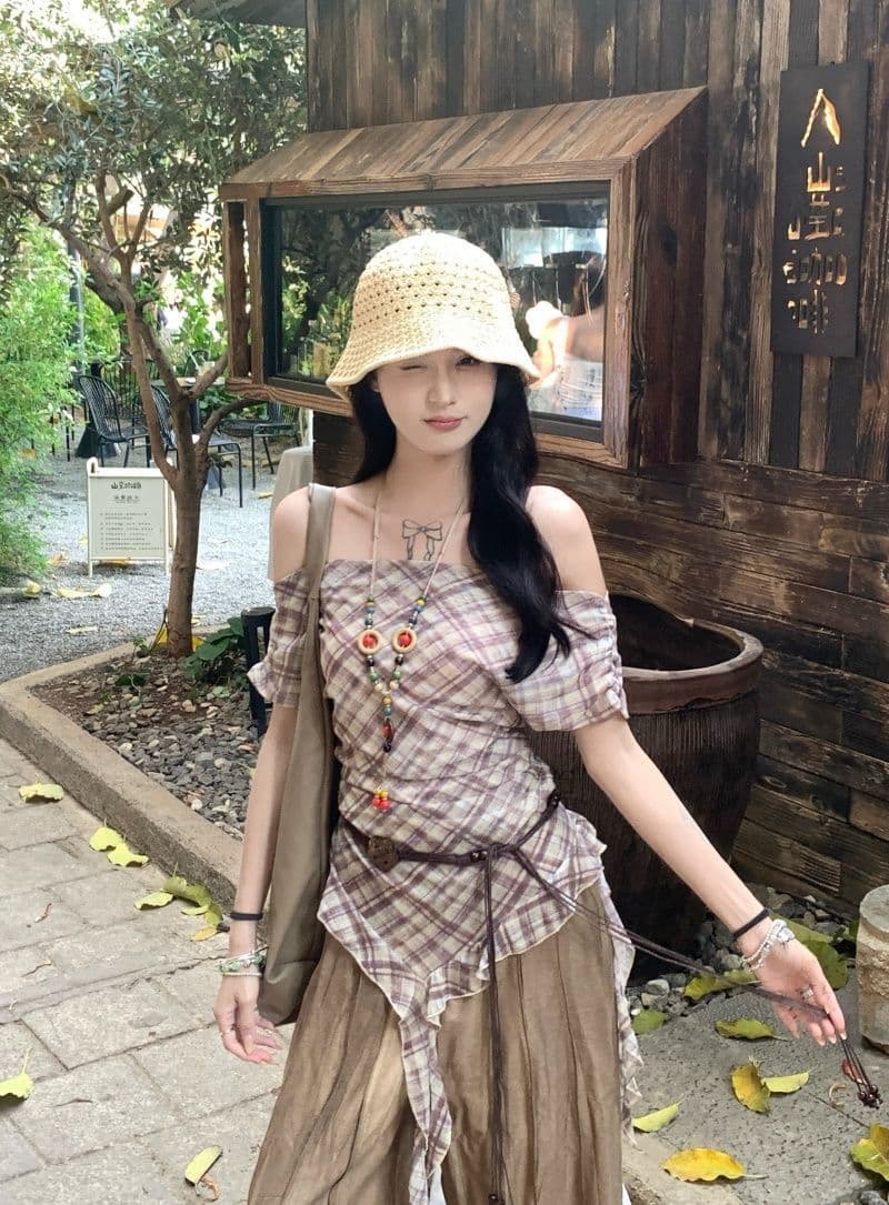 40d 메시 원단 있음 벨트 불규칙 리본 체크무늬 망사 반팔 여성 여름 슬림해 보이는 오프숄더 레트로 맨위 상세 이미지 15