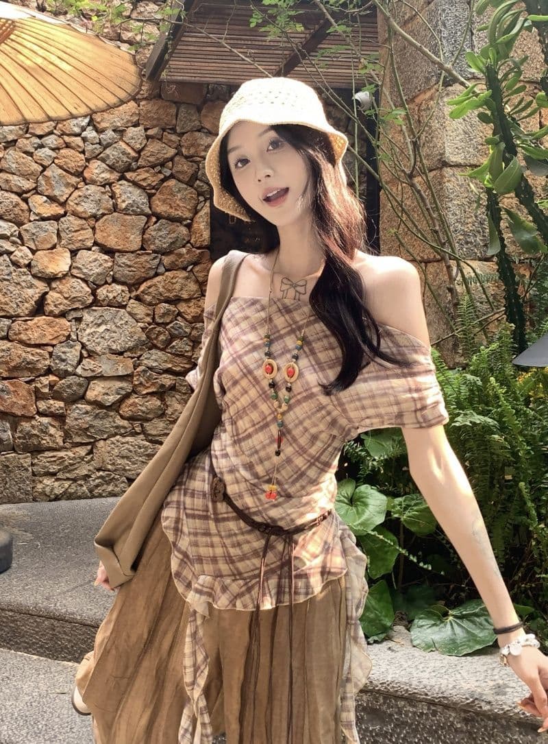 40d 메시 원단 있음 벨트 불규칙 리본 체크무늬 망사 반팔 여성 여름 슬림해 보이는 오프숄더 레트로 맨위 상세 이미지 16